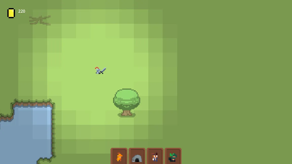 Folly: a sword-wielding hero beside a tree and lake, with gold and unit controls on screen.